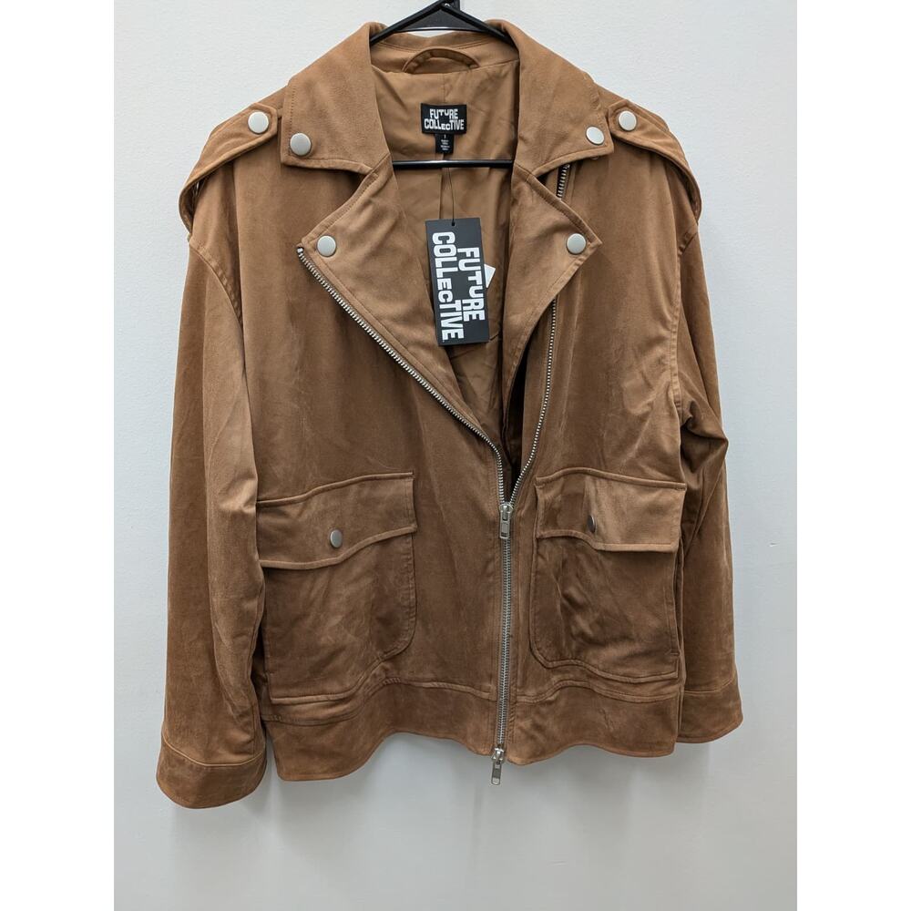 Future Collective Women’s Brown Faux Suede Moto Jacket Size S Zip Front Overs
